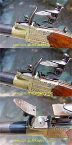 Closeup of safety mechanism of Spies flintlock muff pistol
