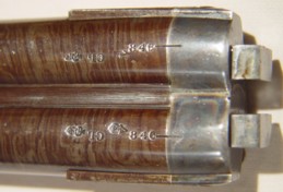 Proof marks on bottom of barrel of of Purdey Howdah pistol, with barrel maker's initials